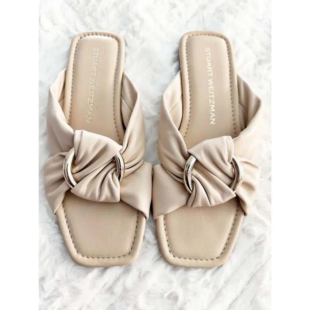 Stuart Weitzman Cece Barely Beige Leather Knotted Ring Slide Sandals Resort Chic